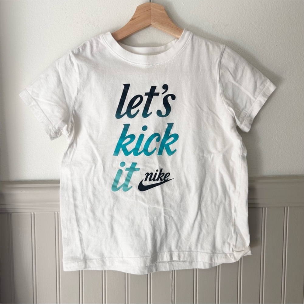 Nike Kids White Tee with Blue and Black Graphic Girls Size Medium
